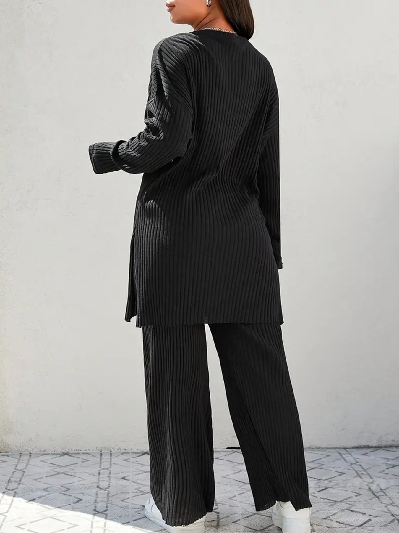 Solid Ribbed Knit Lounge Set with Wide Leg Pants