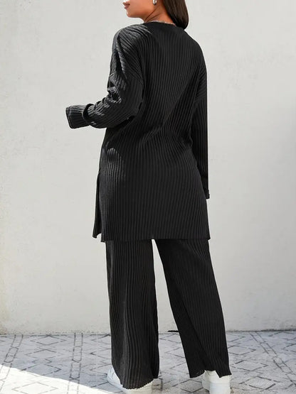 Solid Ribbed Knit Lounge Set with Wide Leg Pants