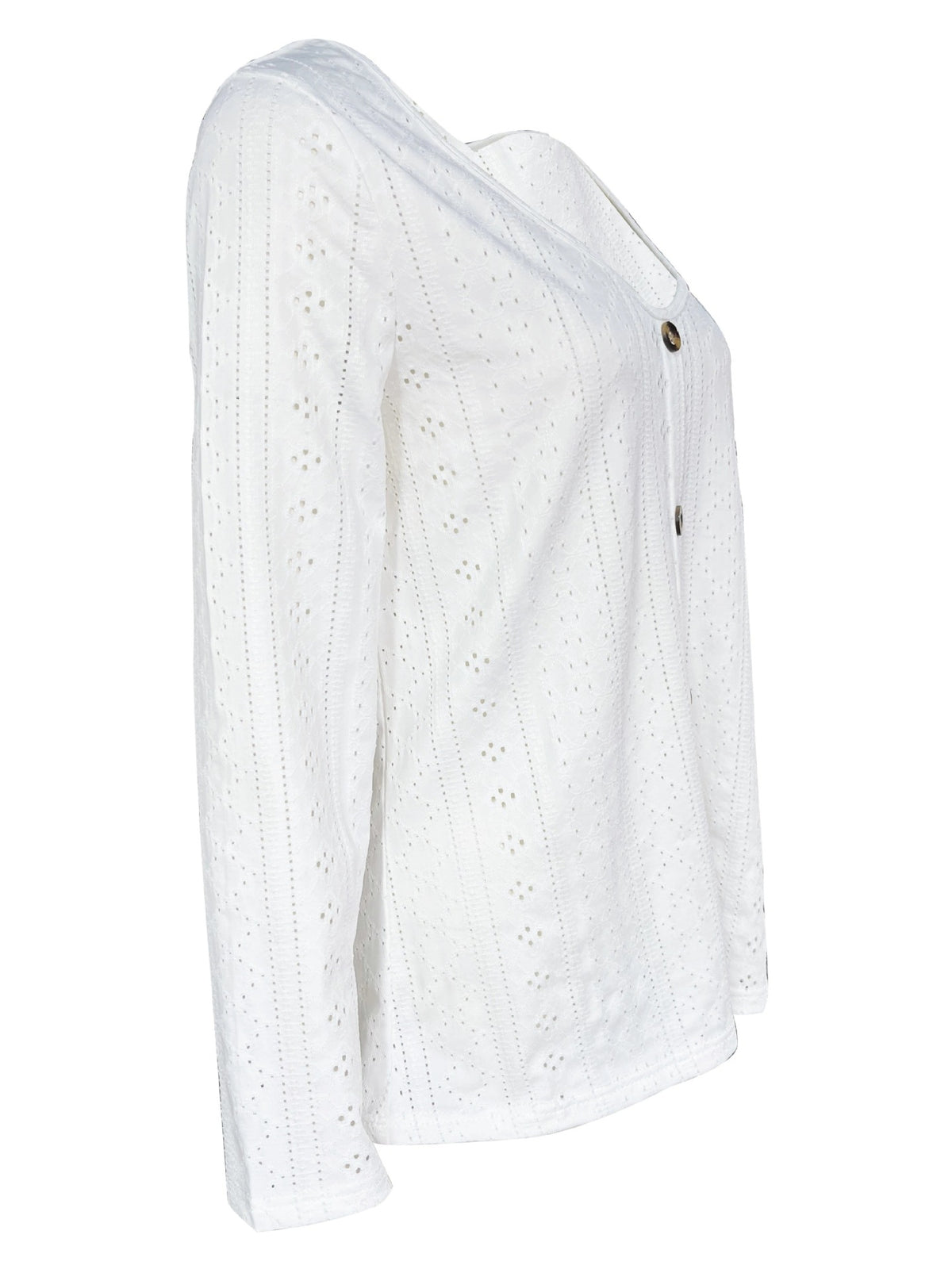 Women's V-Neck Button Jacquard Long Sleeve Top White