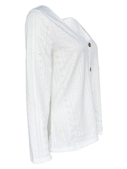Women's V-Neck Button Jacquard Long Sleeve Top White