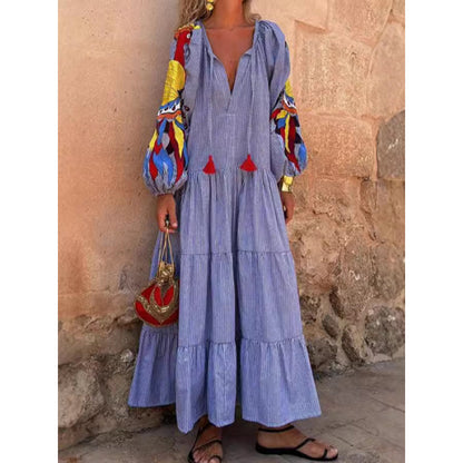 V-Neck Balloon Sleeve Striped Tiered Maxi Dress