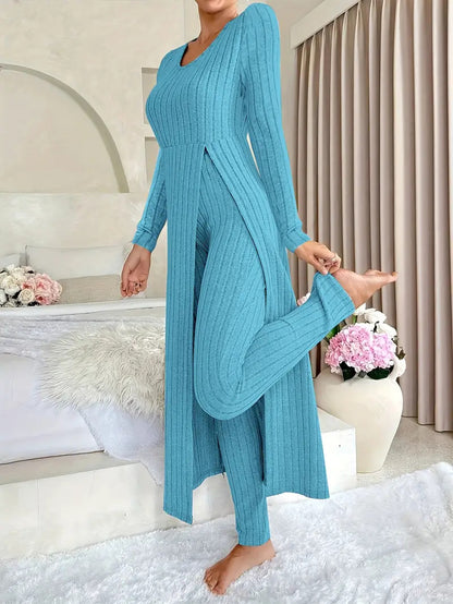 Ribbed Knit Side Slit Long Sleeve Pants Two Piece Set