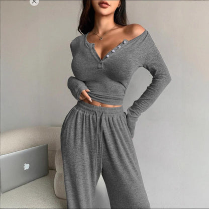 Women's 2 Piece Lounge Set Henley Crop Top Wide Leg Pants