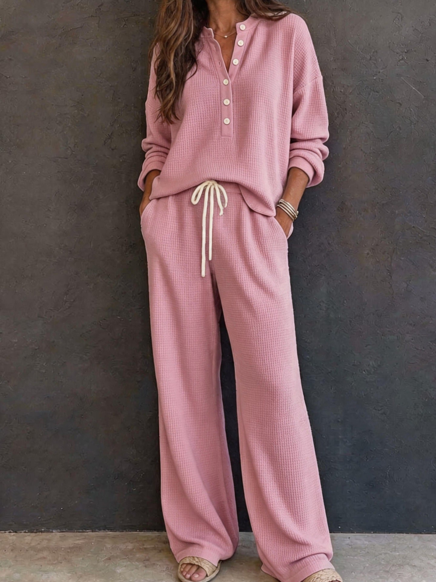 Waffle Knit Two Piece Lounge Set Wide Leg Pants