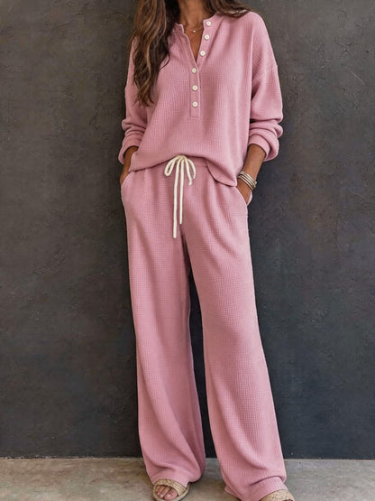 Waffle Knit Two Piece Lounge Set Wide Leg Pants