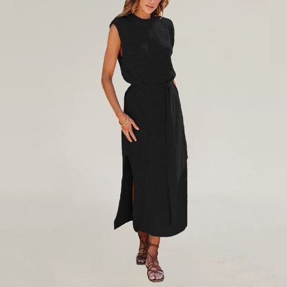 Sleeveless Knit Maxi Dress Crew Neck Belted Side Slit Solid