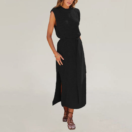 Sleeveless Knit Maxi Dress Crew Neck Belted Side Slit Solid