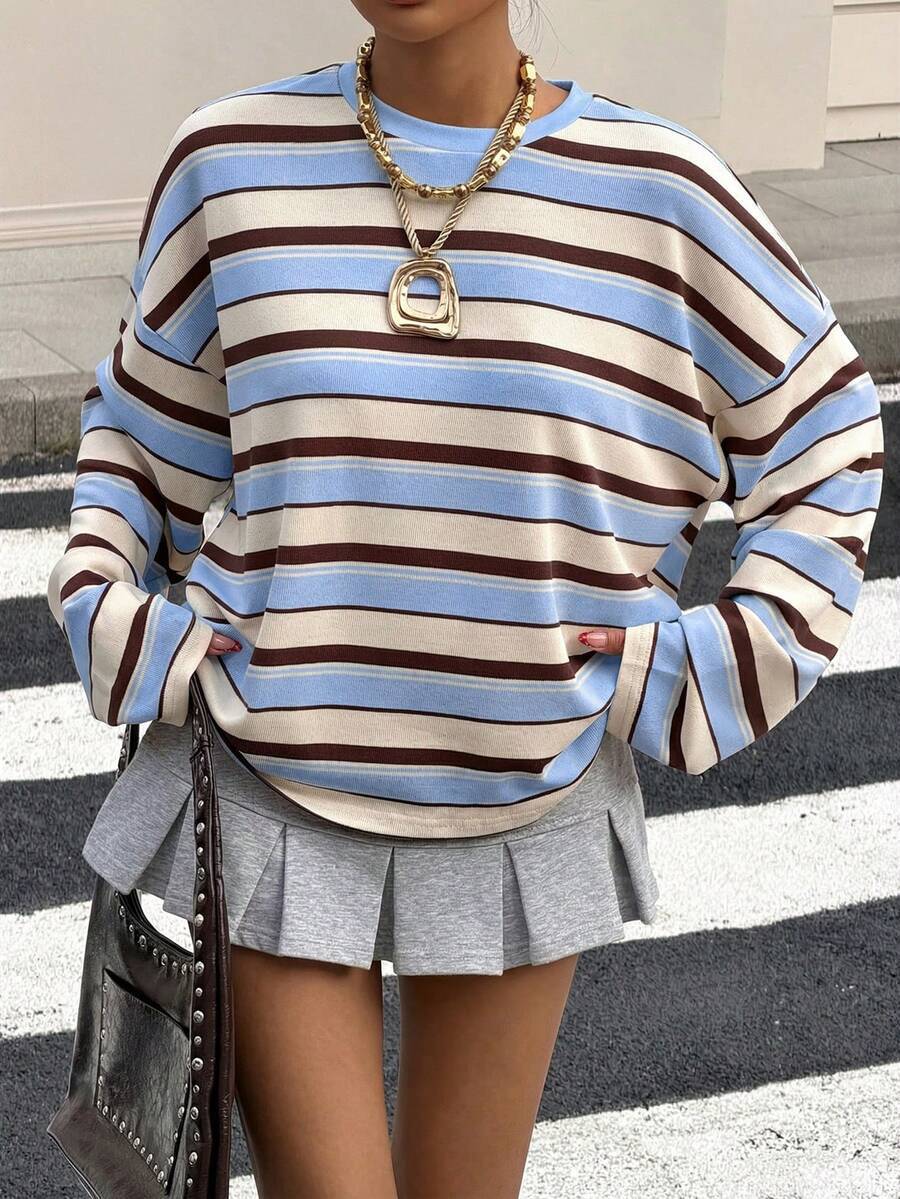 Oversized Colorblock Striped Crewneck Sweatshirt for Women
