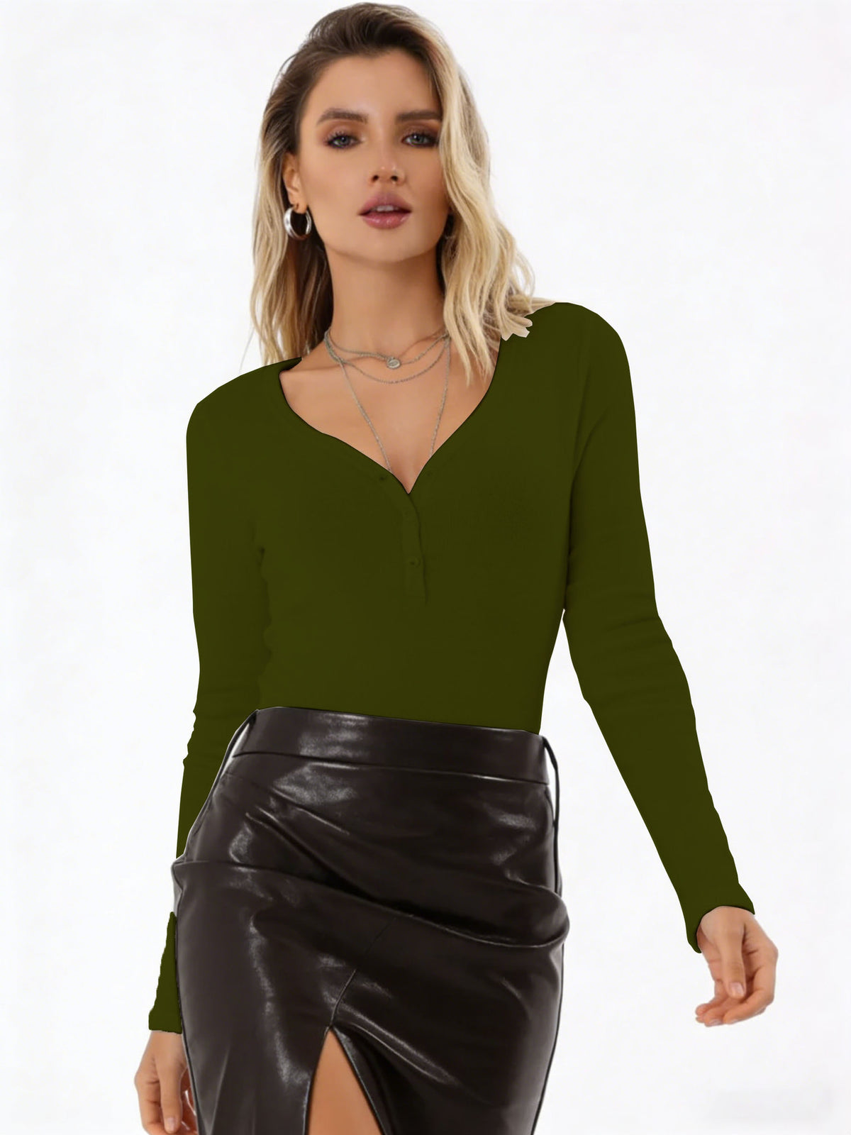 Women's Long Sleeve Ribbed Henley V Neck Fitted Top