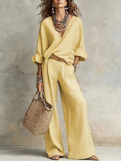 Women's Linen V-Neck Wide Leg Pants Two Piece Set