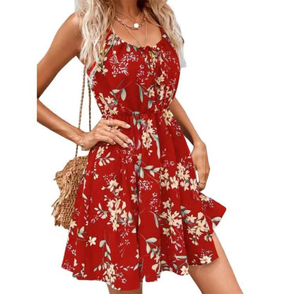 Elegant Sleeveless Pullover Dress Printed Elastic Waist Spaghetti Strap Short Skirt