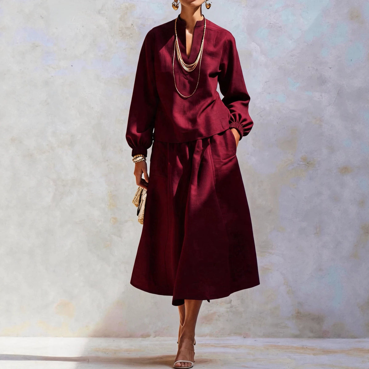 Women's Elegant V Neck Knit Top Midi Skirt Two Piece Set