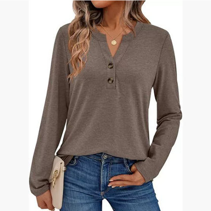 Women's Long Sleeve V Neck Henley Top Casual Blouse