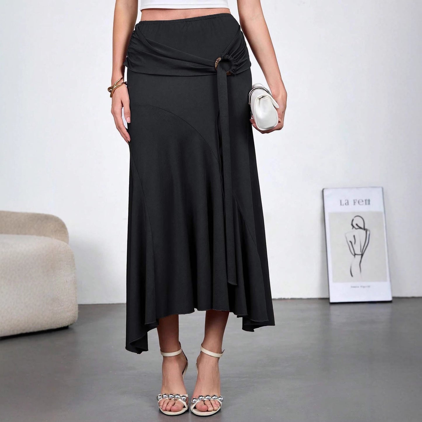 Asymmetrical High Waist Maxi Skirt with Ring Detail