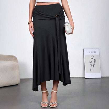 Asymmetrical High Waist Maxi Skirt with Ring Detail