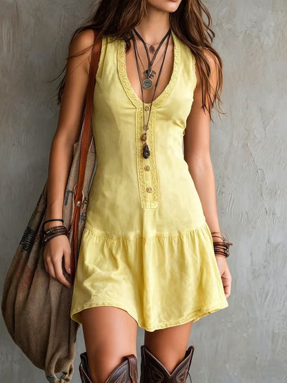 Women's Sleeveless U-Neck Button Front Lace Mini Dress