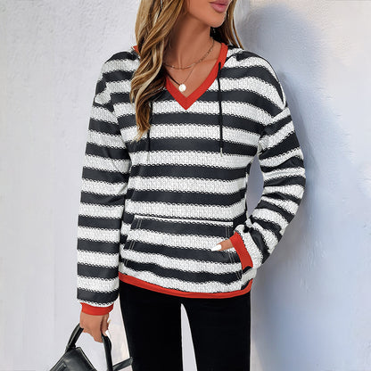 Women's Black and White Striped Pullover Hooded Casual Versatile Sweater