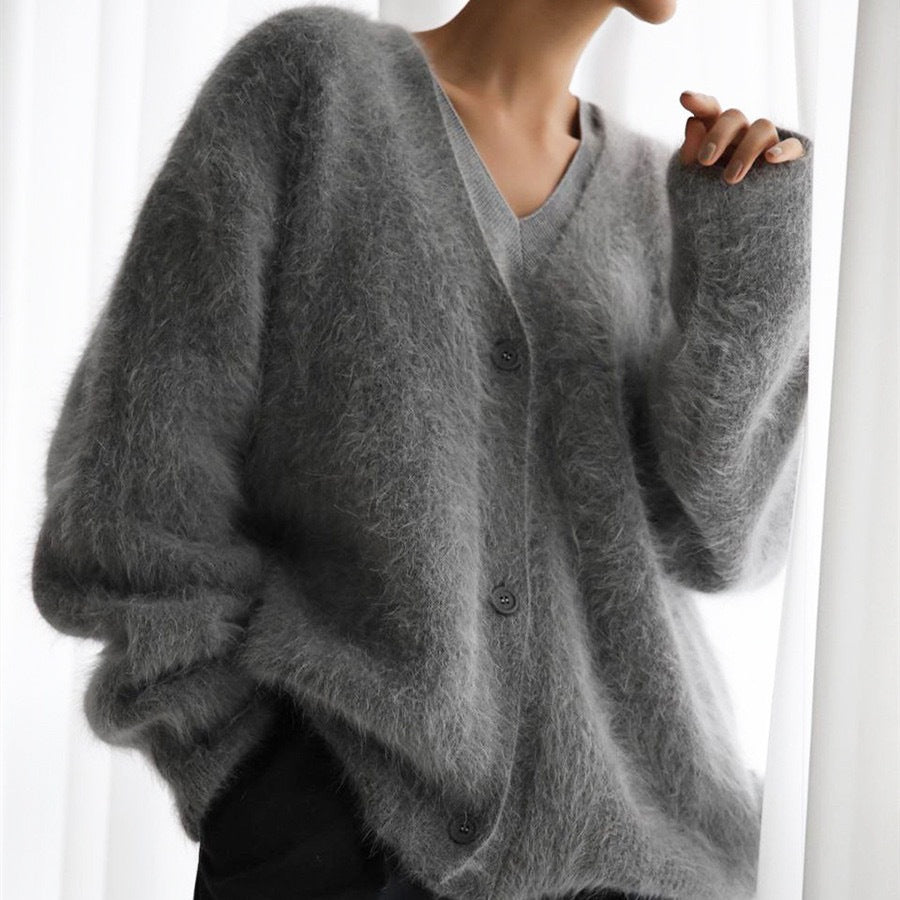 Oversized Fuzzy V-Neck Cardigan Sweater