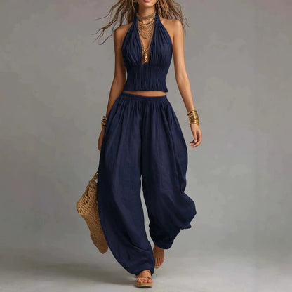 Women's Summer Halter Backless Wide Leg Pants Matching Set