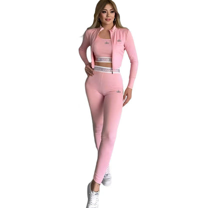 Women's 3 Piece Embroidered Tracksuit Yoga Leggings Set
