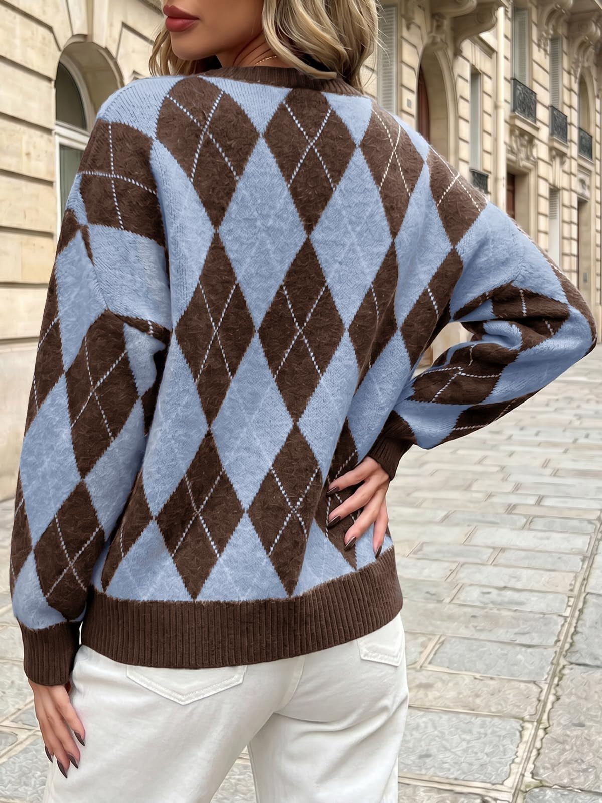 Women's Oversized Vintage Argyle Crewneck Sweater