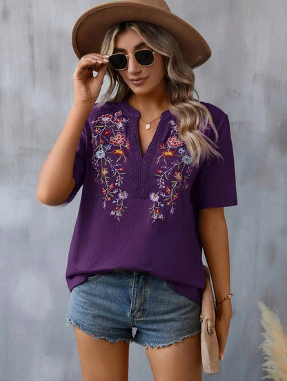 Women’s Navy Floral Embroidered V Neck Summer Top