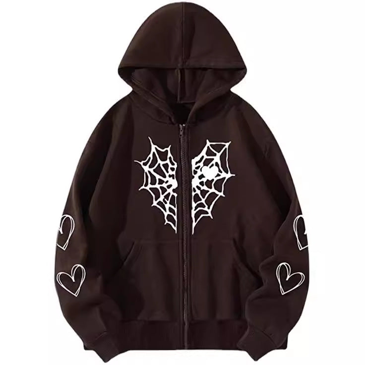 Women's Gothic Spider Web Heart Print Zip Up Hoodie