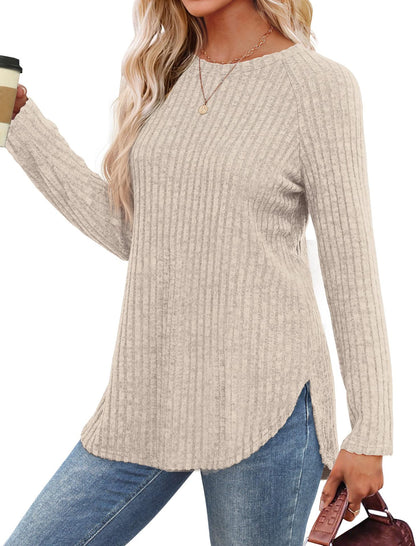 Solid ribbed crew neck top high low curved hem
