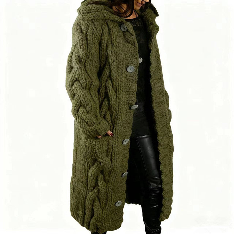 Women's Chunky Cable Knit Hooded Long Cardigan Plus Size