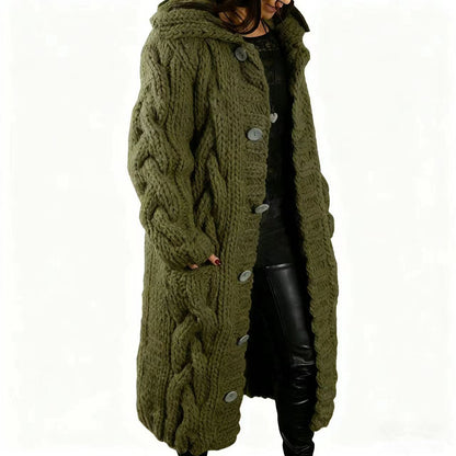 Women's Chunky Cable Knit Hooded Long Cardigan Plus Size