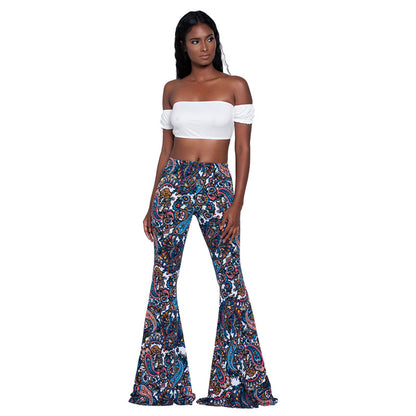 Women's Boho Printed Stretch Flare Pants Bell Bottoms