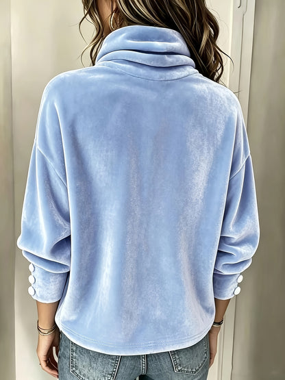 Cowl Neck Fleece Pullover Button Cuff Batwing Sleeve