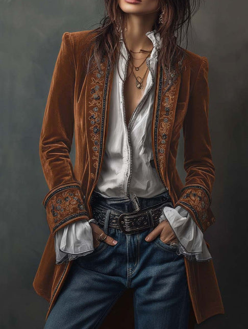 Women's Velvet Embroidered Blazer Open Front Vintage