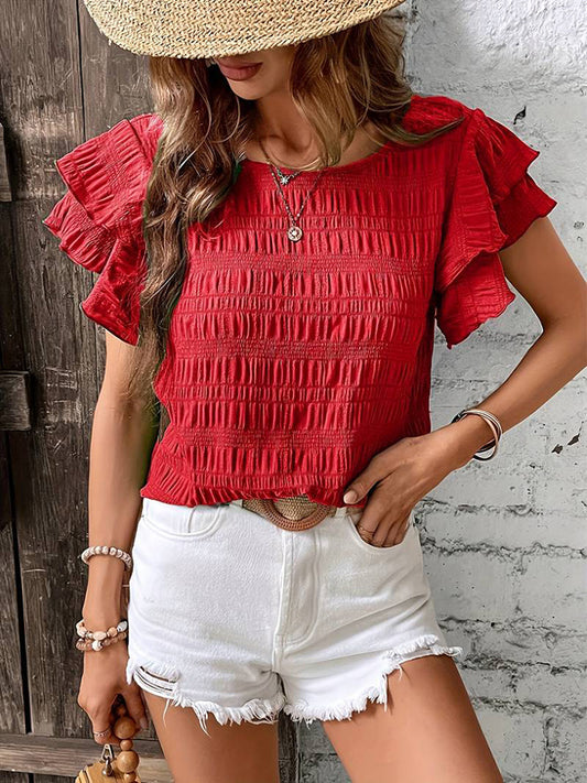 Ruffle Sleeve Crew Neck Casual Summer Blouse Top