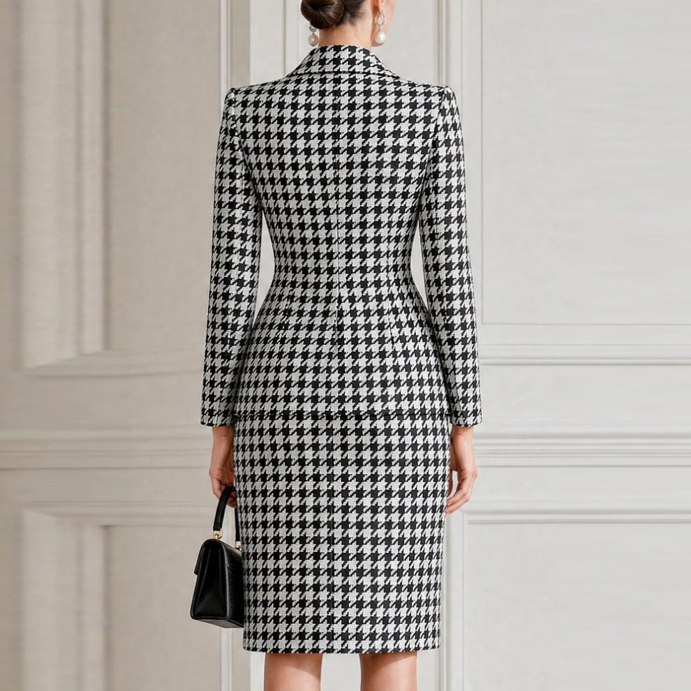 Elegant Houndstooth Blazer Midi Skirt 2 Piece Set