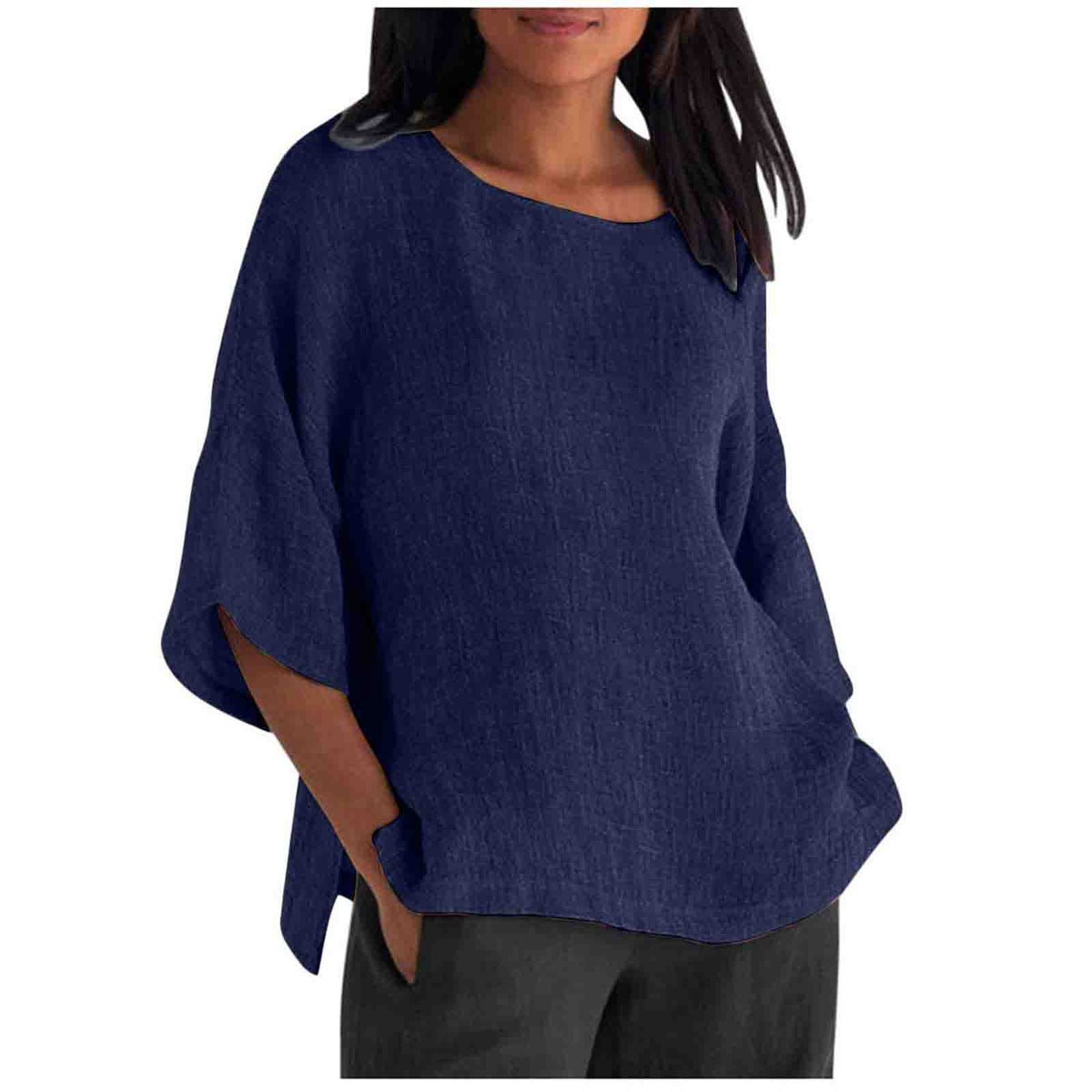 Women's Linen Top Oversized 3/4 Sleeve Round Neck 25 Colors