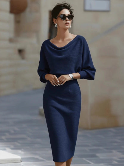Cowl Neck Batwing Sleeve Ribbed Midi Sweater Dress