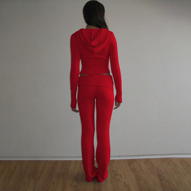 Women's Ribbed Knit Hoodie & Pants Two Piece Set