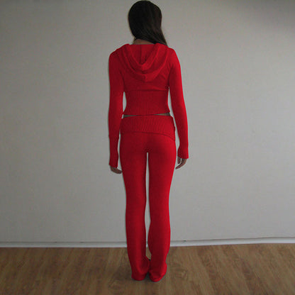 Women's Ribbed Knit Hoodie & Pants Two Piece Set