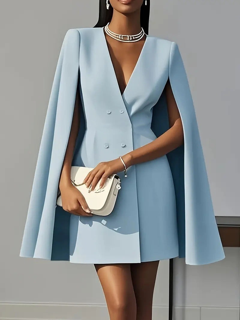Womens Cape Blazer Dress Double Breasted V-Neck Mini