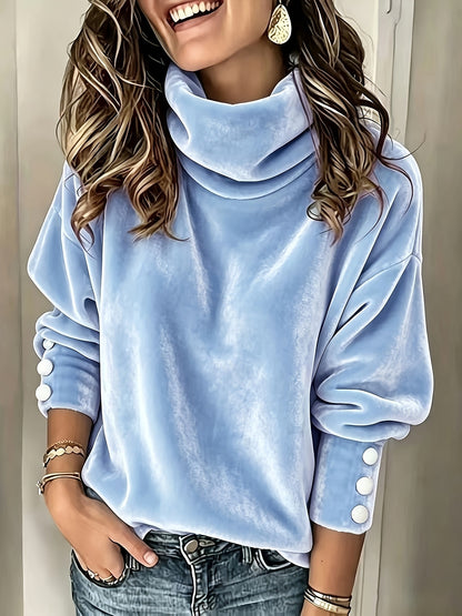 Women's Fleece Cowl Neck Button Cuff Batwing Sweatshirt