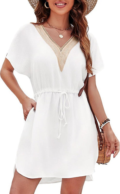 Short Sleeve Boho Cover Up Dress with Crochet Detail