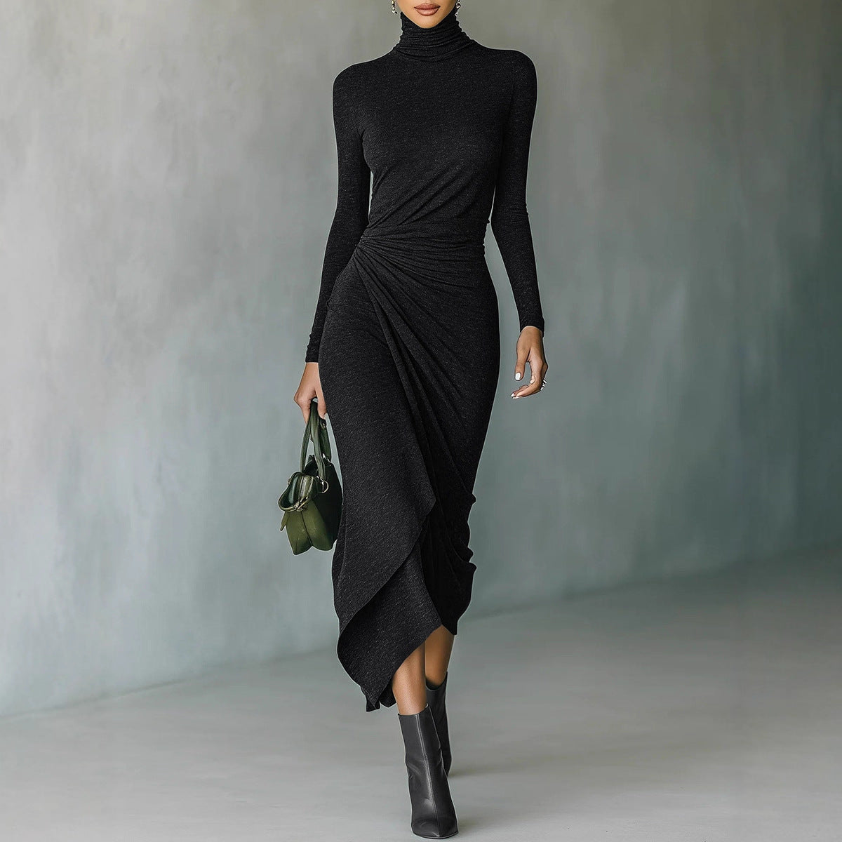 Turtleneck Long Sleeve Ruched Asymmetrical Midi Dress