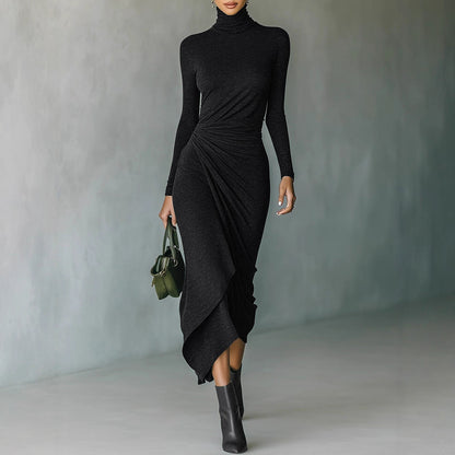Turtleneck Long Sleeve Ruched Asymmetrical Midi Dress
