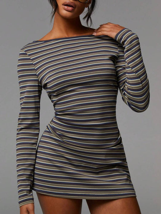 Striped Mesh Mini Dress Long Sleeve Bodycon Boat Neck
