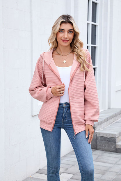 Quilted Zip Up Hooded Jacket Hoodie with Pockets