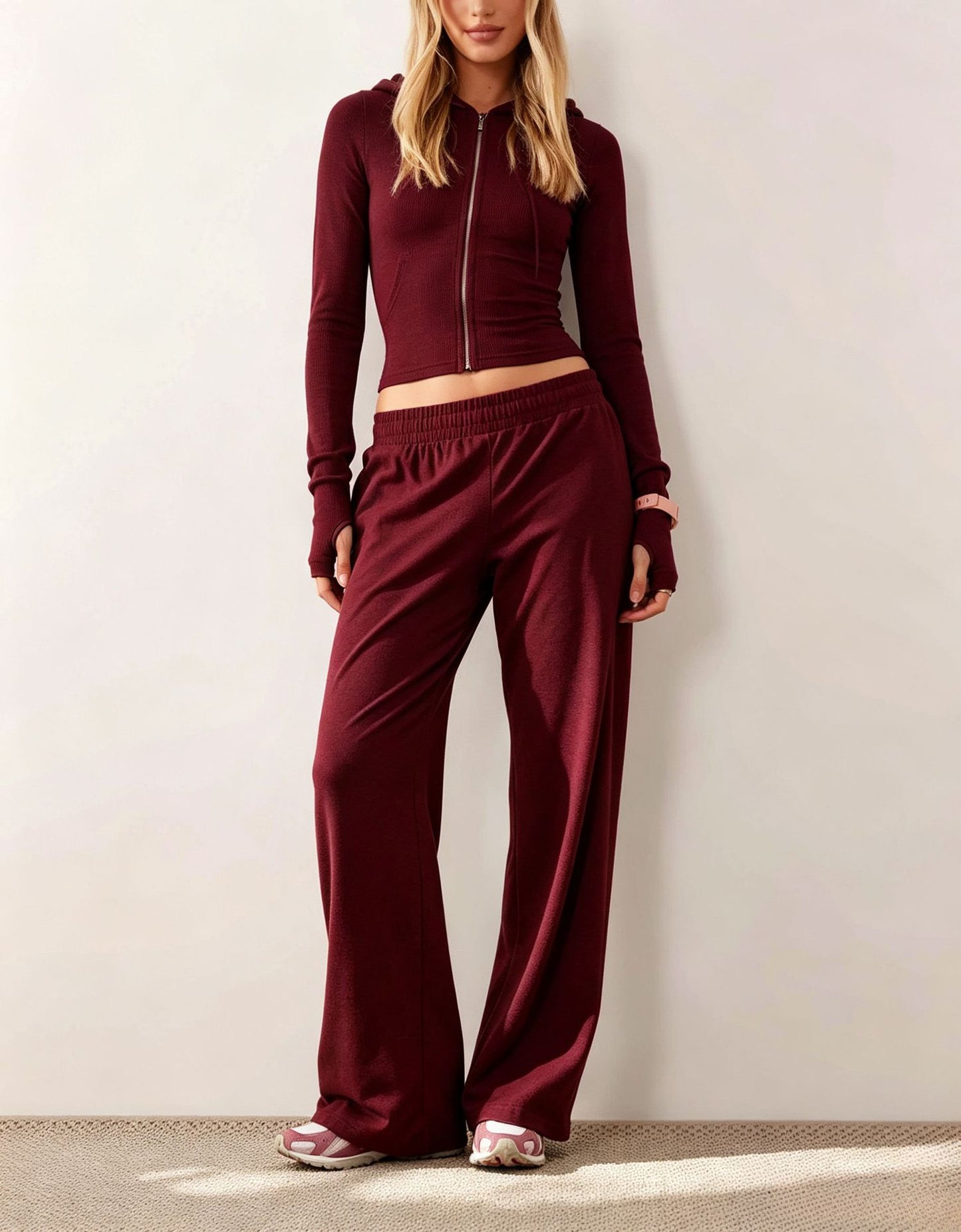 Women's Cropped Zip Hoodie & Wide Leg Pants Lounge Set