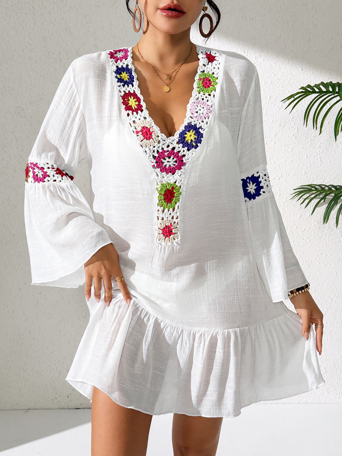 Boho Floral Crochet Ruffle Mini Beach Dress Cover Up