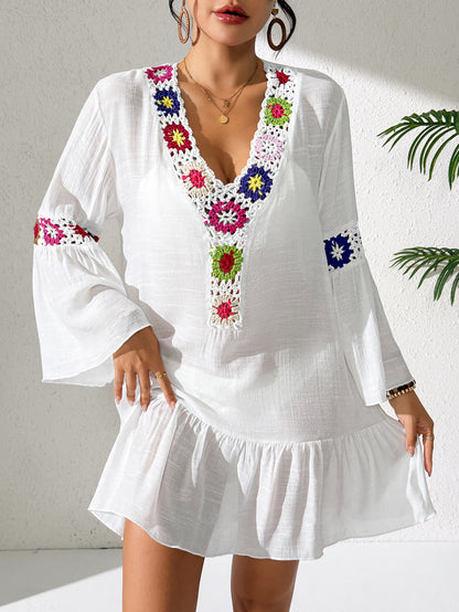 Boho Floral Crochet Ruffle Mini Beach Dress Cover Up