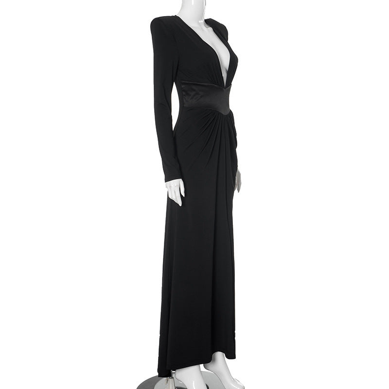 Black Sexy Deep V Long Sleeve High Slit Maxi Dress